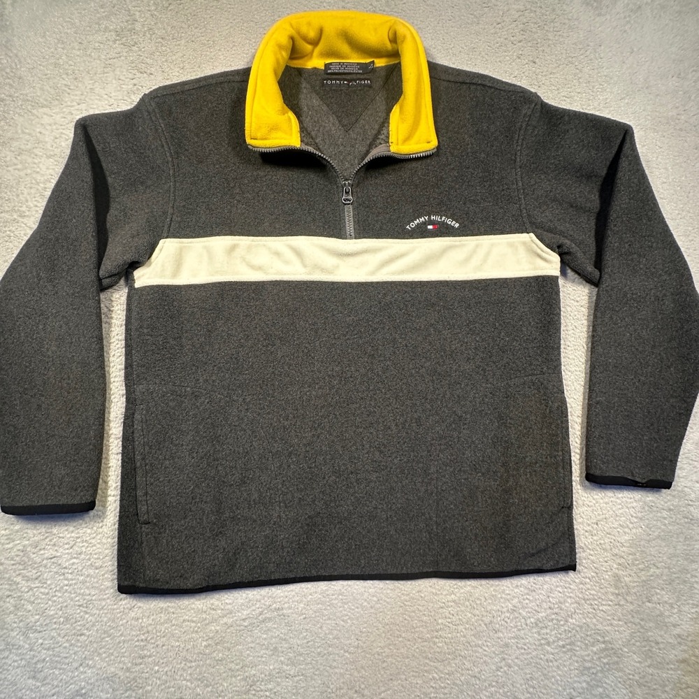 Vintage Y2K Tommy Hilfiger Men's Gray Fleece Quarter Zip Sweatshirt L Colorblock